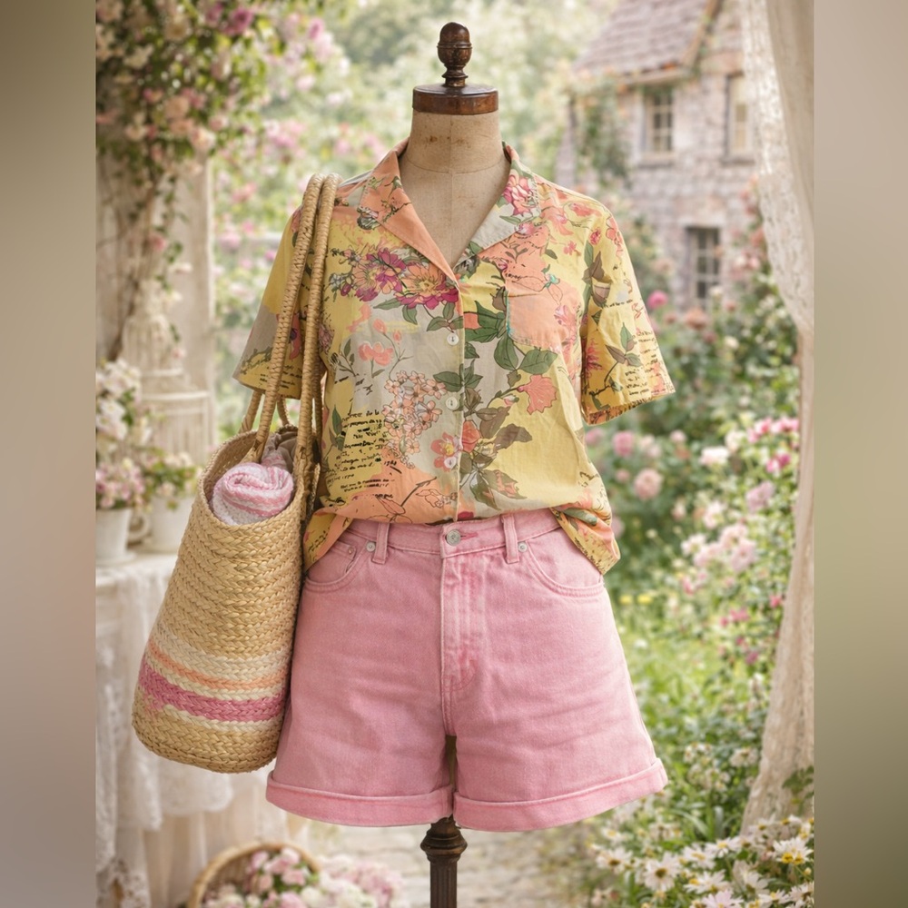 Vintage 1990s Botanical Hawaiian Style, Rayon Short Sleeve Button Down, Blouse